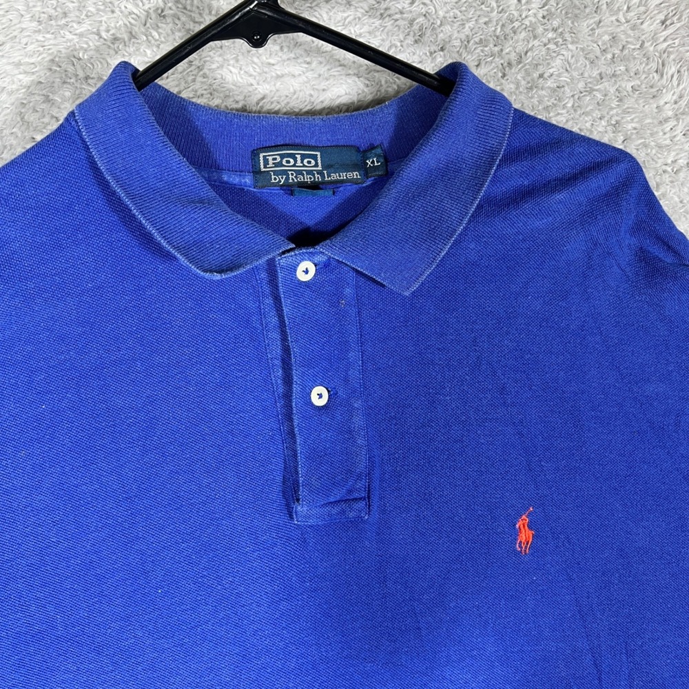 Polo Ralph Lauren Mens XL Blue Long Sleeve Pique Polo Shirt Orange Pony Logo